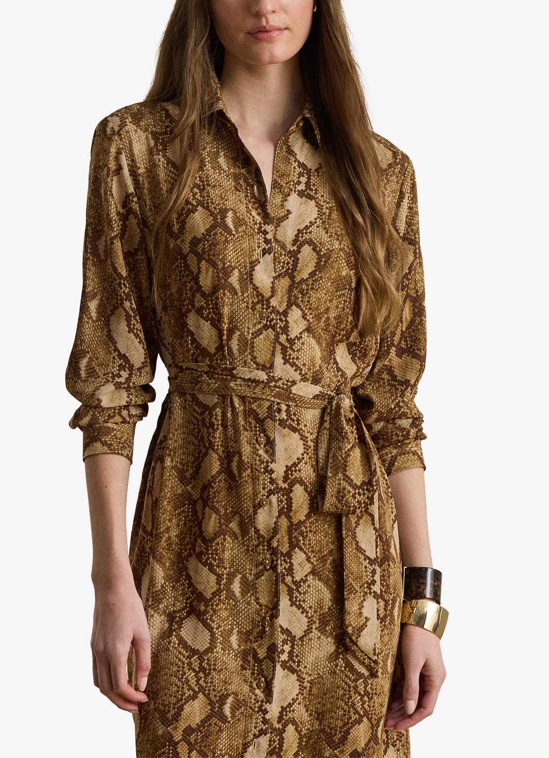 Ralph Lauren Midi blousejurk met slangenprint en ceintuur - detail 4 tan multi / beige