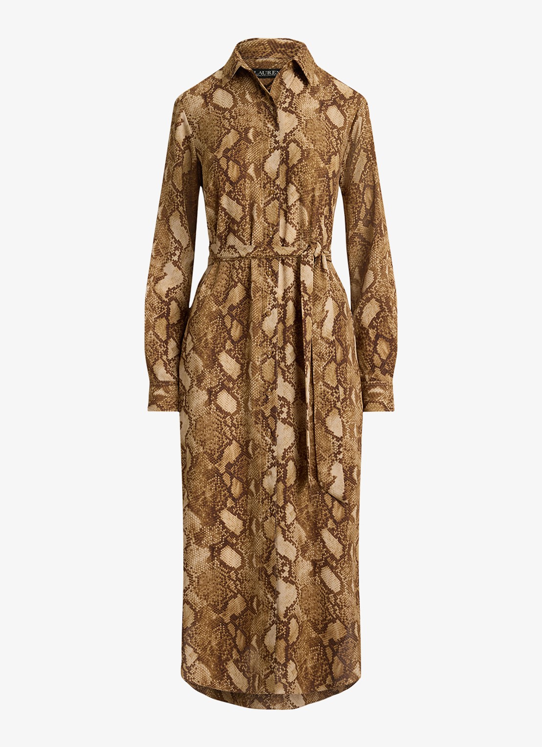 Ralph Lauren Midi blousejurk met slangenprint en ceintuur - voorkant tan multi / beige