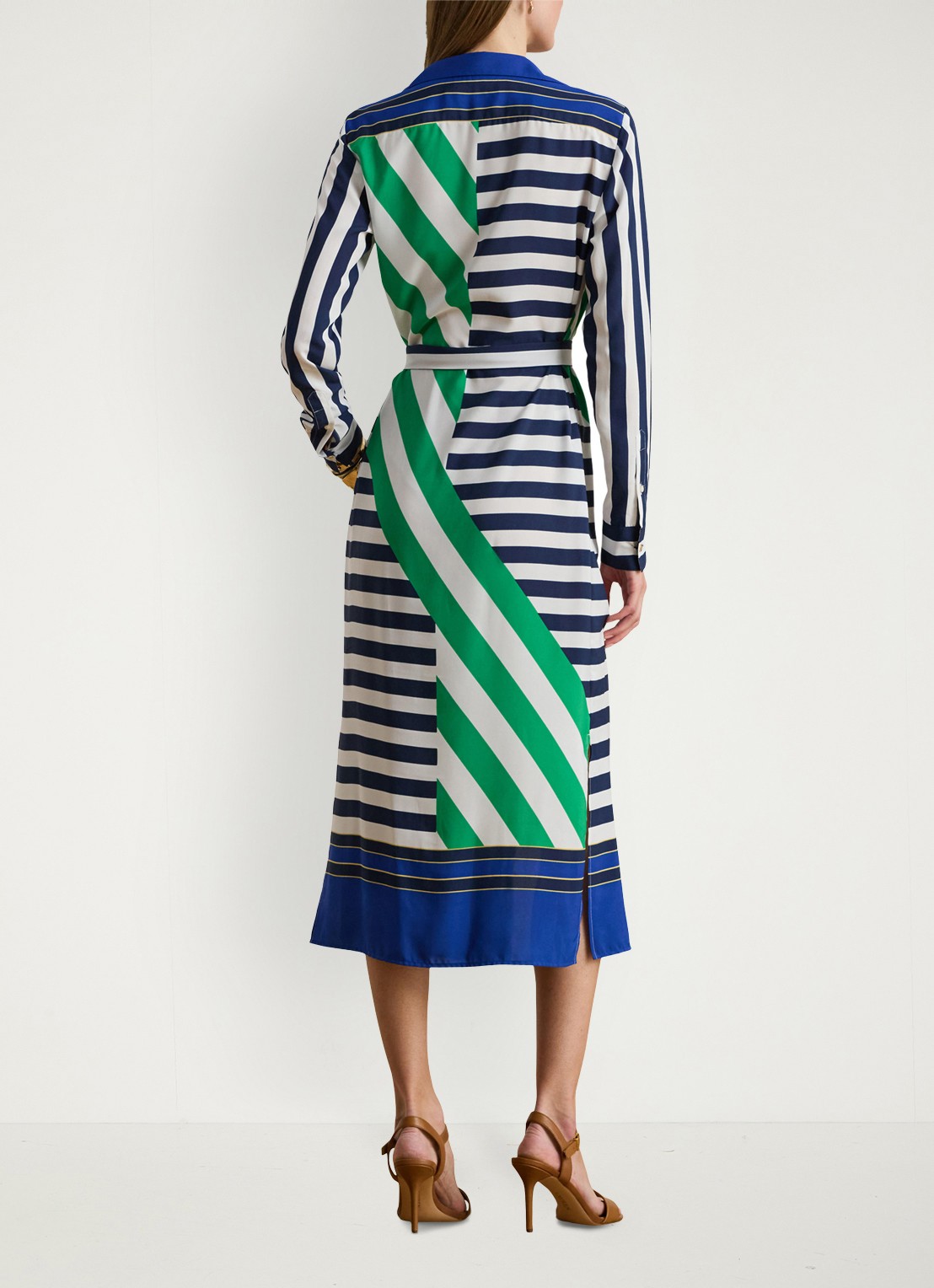 Ralph Lauren Midi blousejurk met streepprint en strikceintuur - achterkant 4 donkerblauw