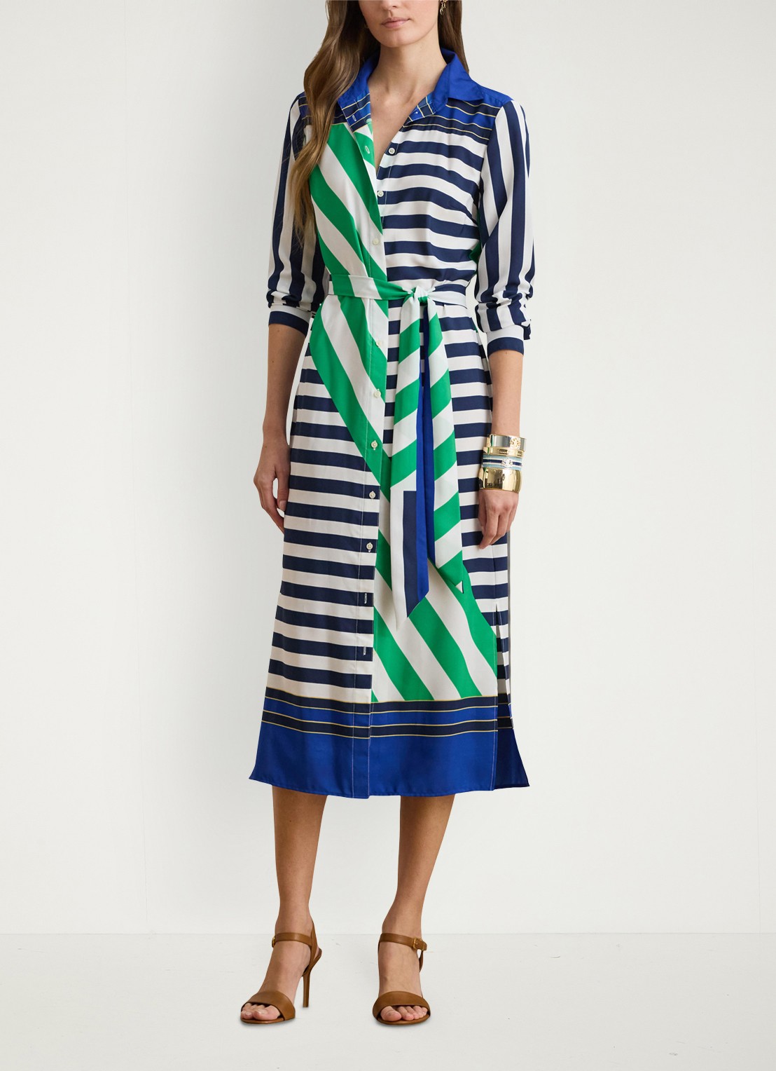 Ralph Lauren Midi blousejurk met streepprint en strikceintuur - detail 2 donkerblauw