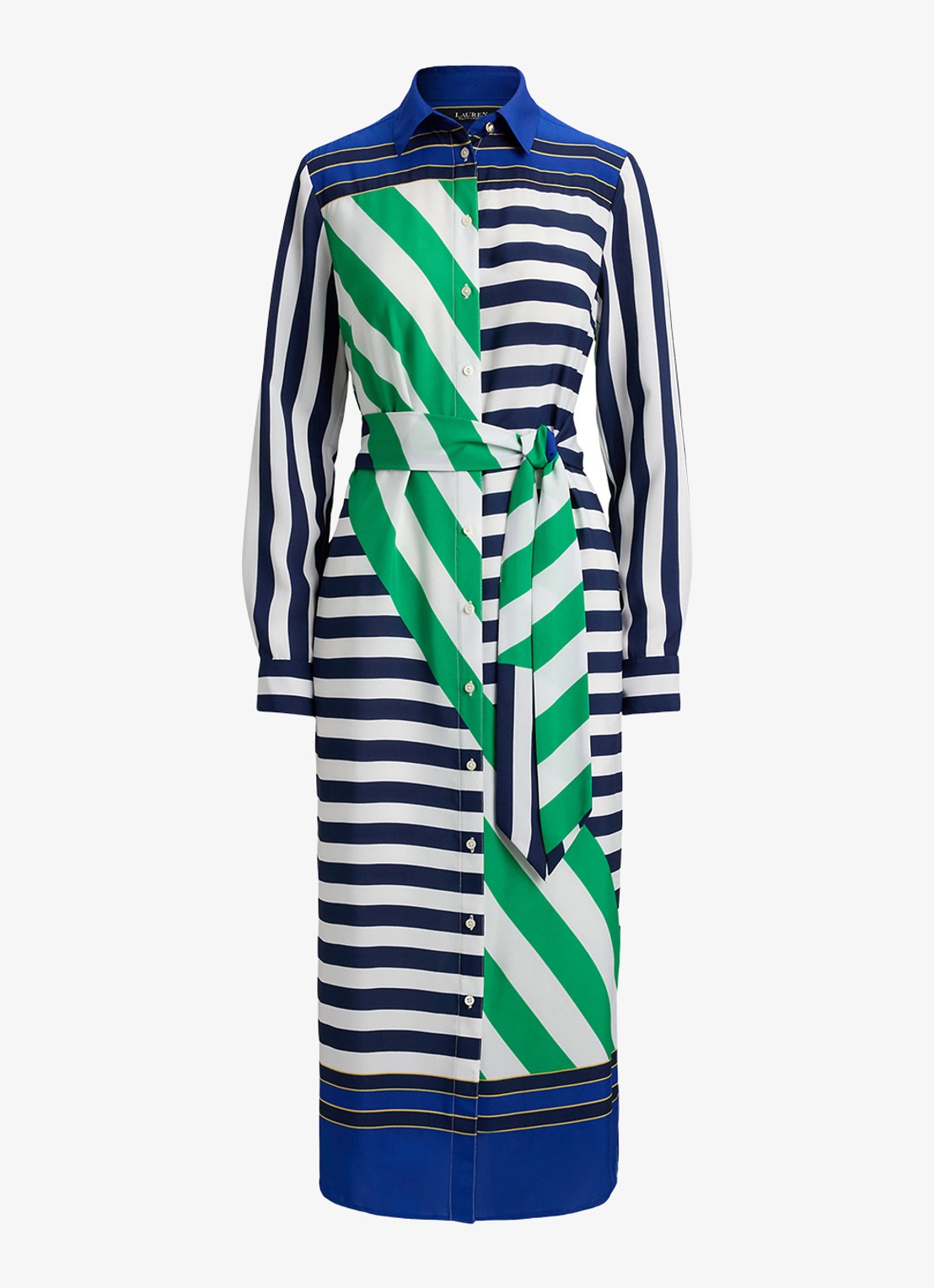 Ralph Lauren Midi blousejurk met streepprint en strikceintuur - voorkant donkerblauw