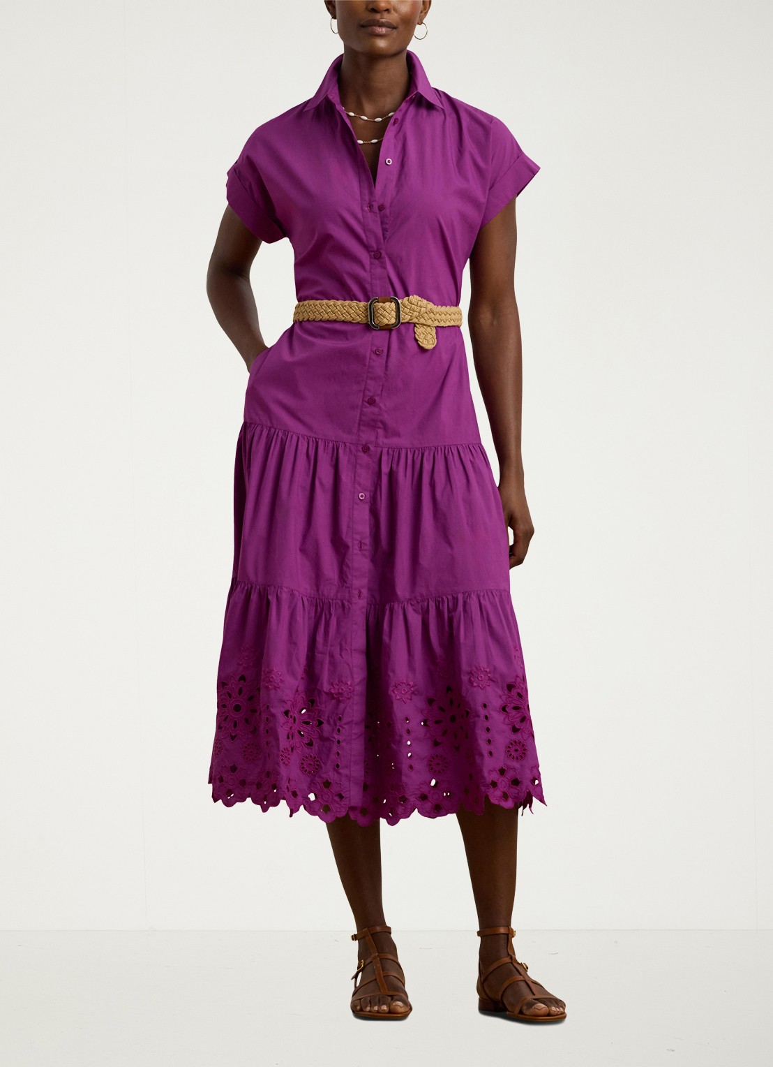 Ralph Lauren Midi blousejurk met strikceintuur - voorkant 2 paars