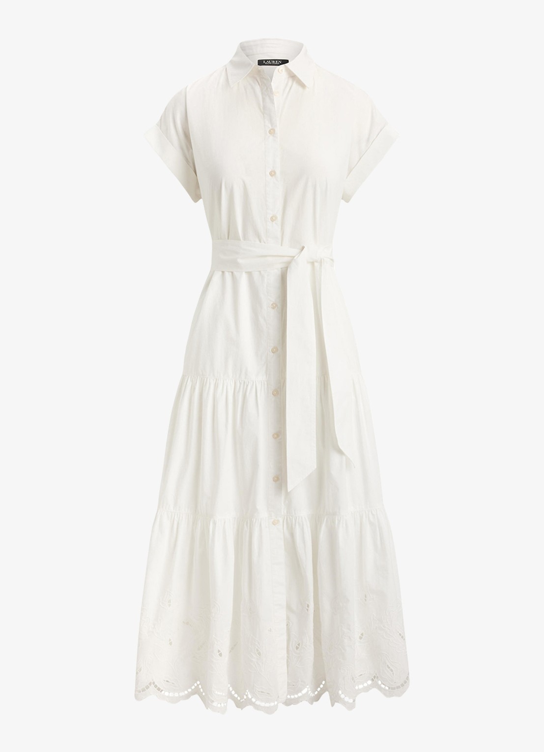 Ralph Lauren Midi blousejurk met strikceintuur - voorkant wit