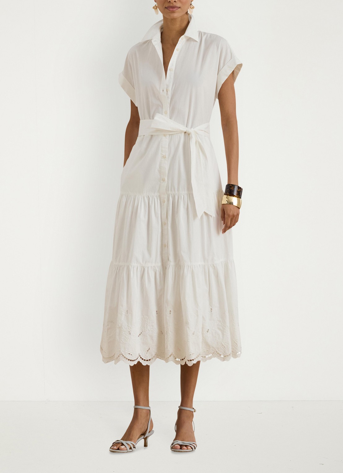 Ralph Lauren Midi blousejurk met strikceintuur - voorkant 2 wit