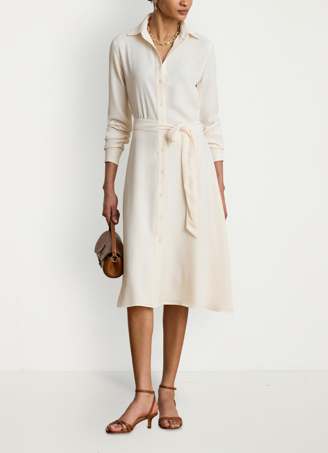 Ralph Lauren Midi blousejurk met strikceintuur - voorkant 3 mascarpone crème / crème