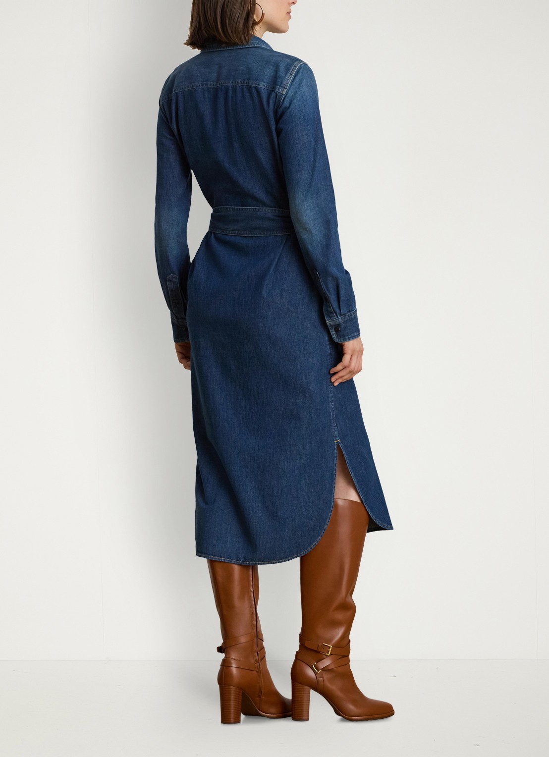 Ralph Lauren Midi blousejurk van chambray met strikceintuur - achterkant atecco wash / indigo