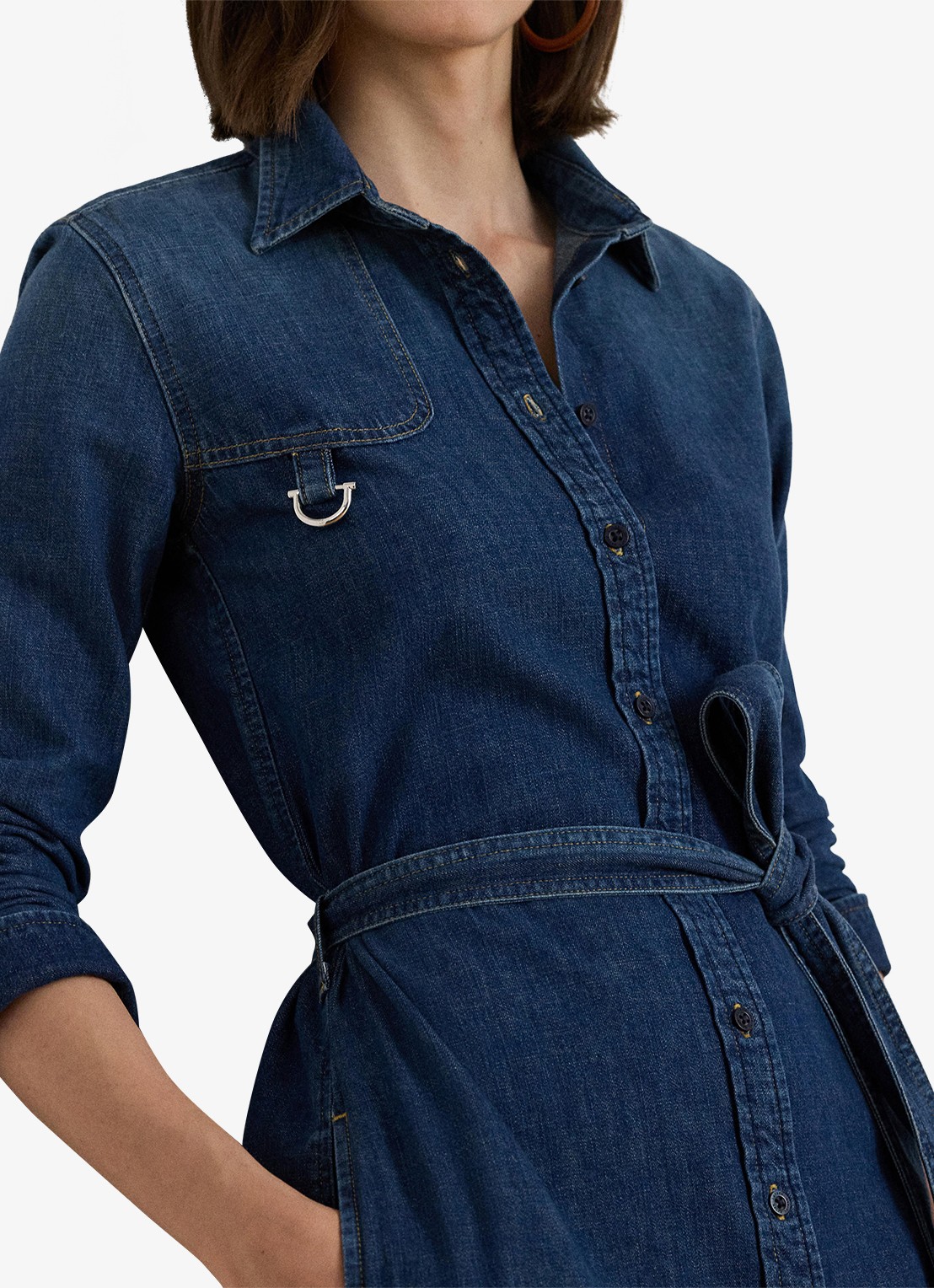 Ralph Lauren Midi blousejurk van chambray met strikceintuur - detail 3 atecco wash / indigo