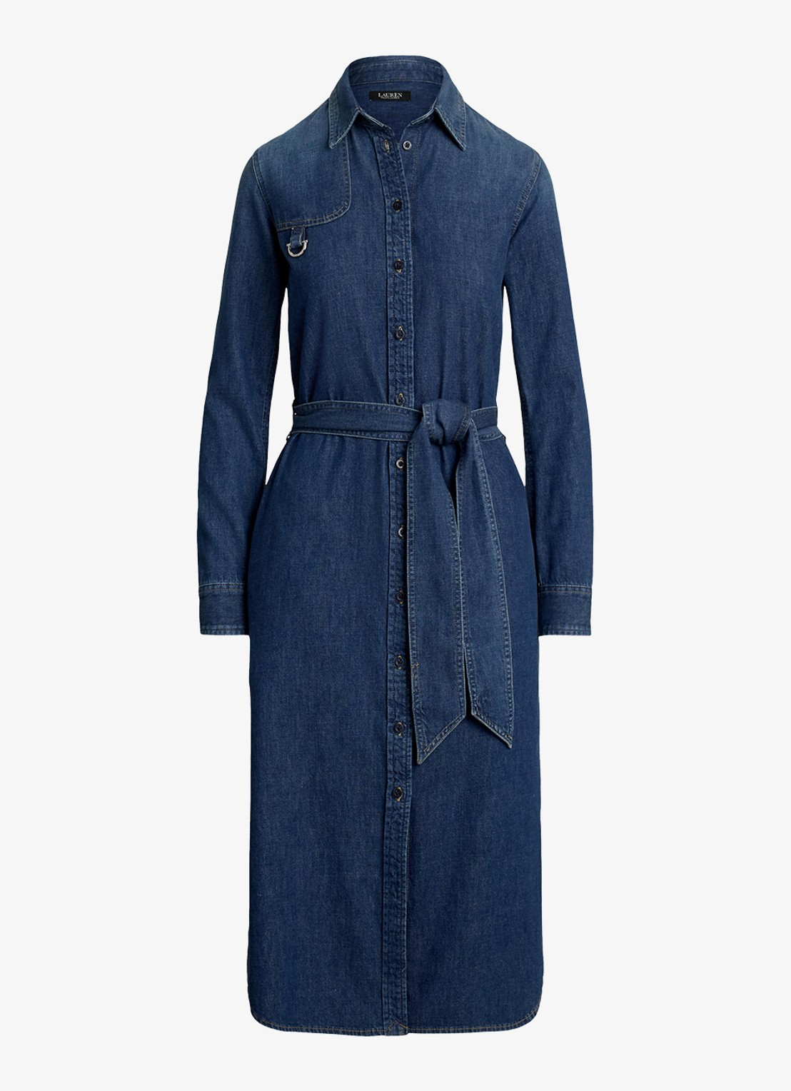 Ralph Lauren Midi blousejurk van chambray met strikceintuur - voorkant 4 atecco wash / indigo