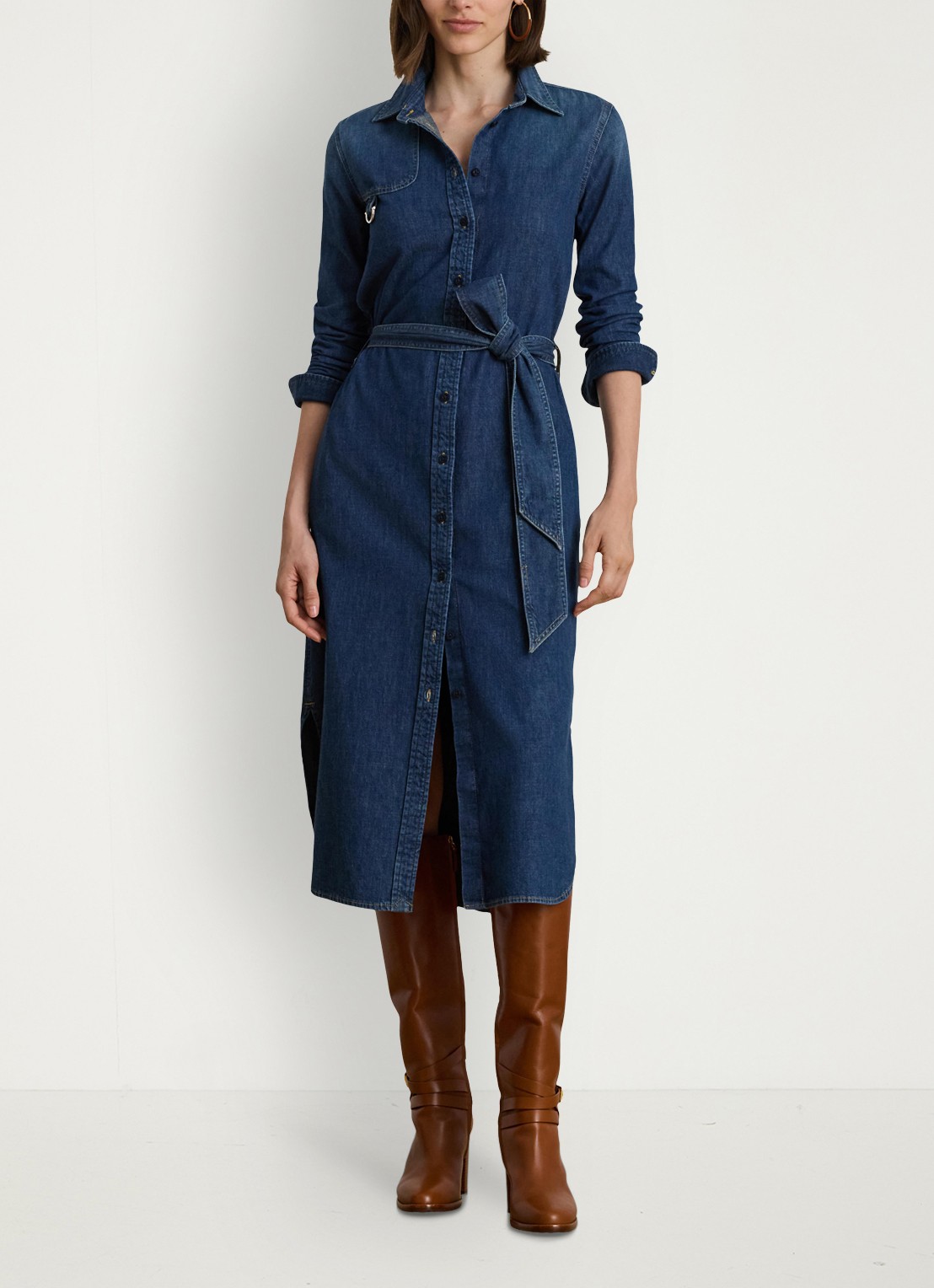 Ralph Lauren Midi blousejurk van chambray met strikceintuur - voorkant 5 atecco wash / indigo