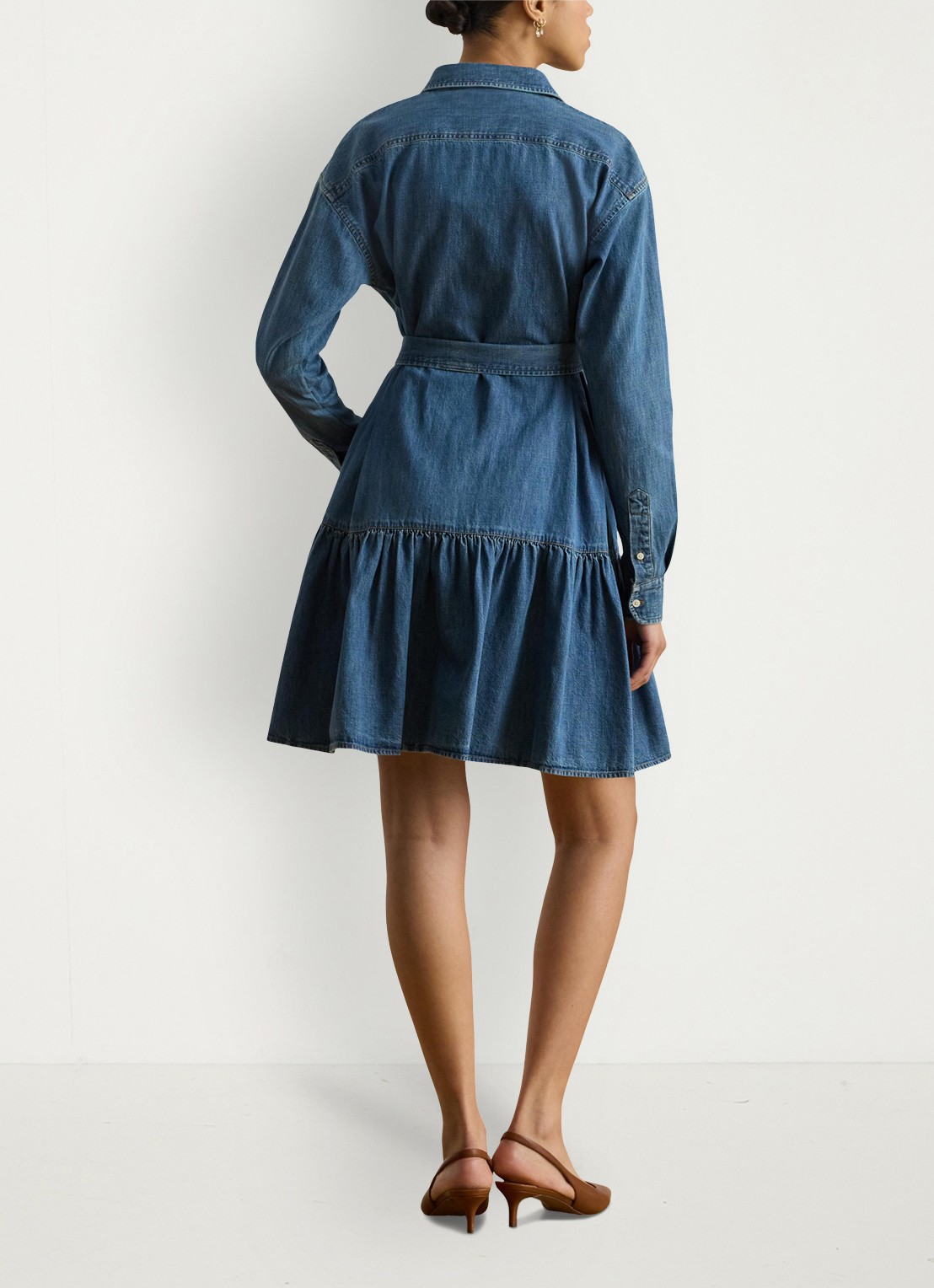 Ralph Lauren Midi blousejurk van chambray met strikceintuur - achterkant galvin wash / blauw