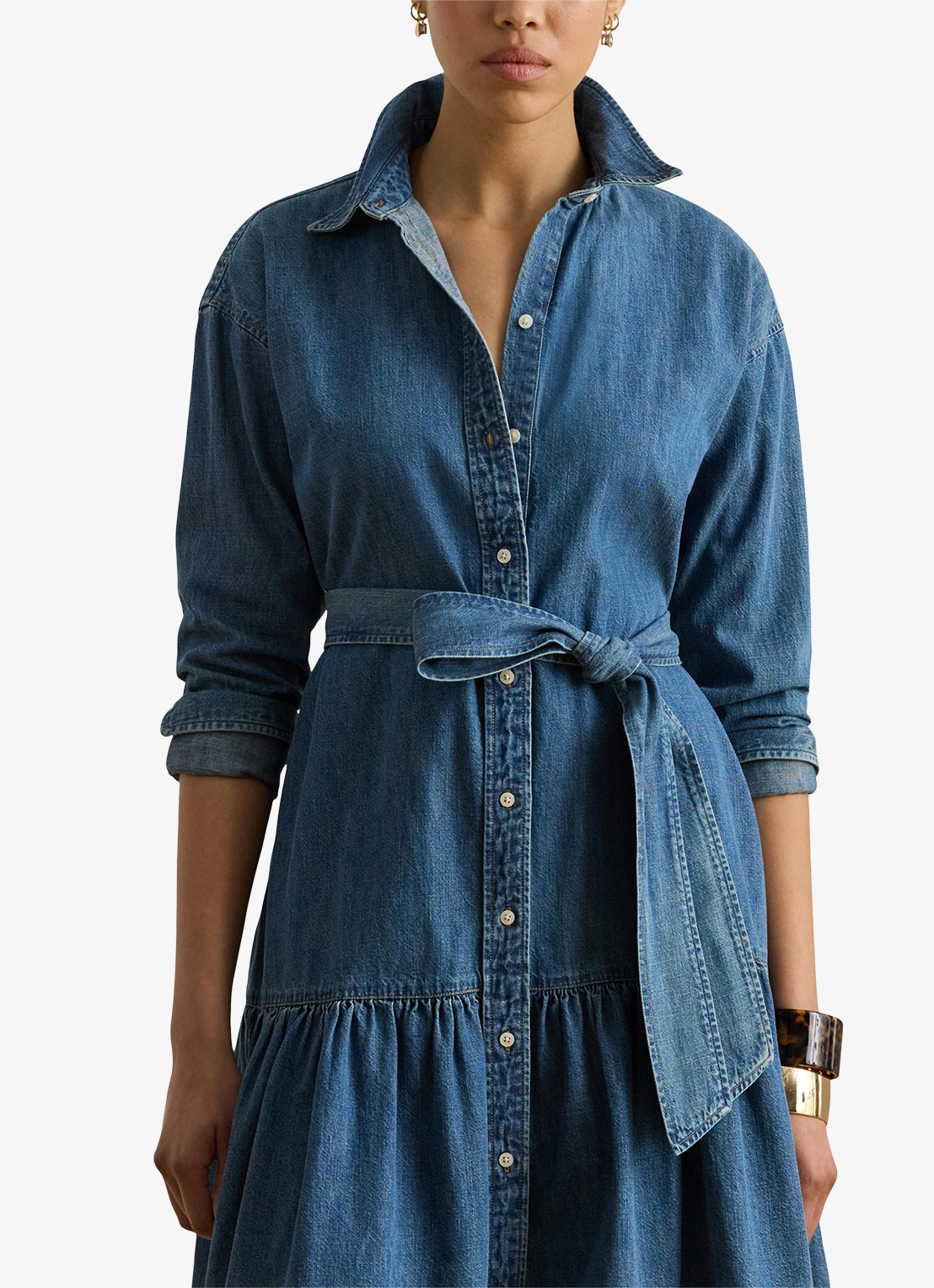 Ralph Lauren Midi blousejurk van chambray met strikceintuur - detail 2 galvin wash / blauw