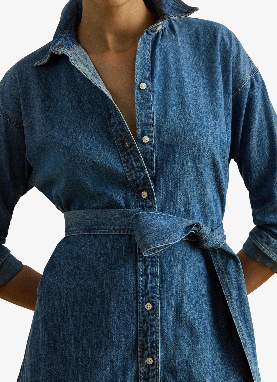Ralph Lauren Midi blousejurk van chambray met strikceintuur - detail 3 galvin wash / blauw