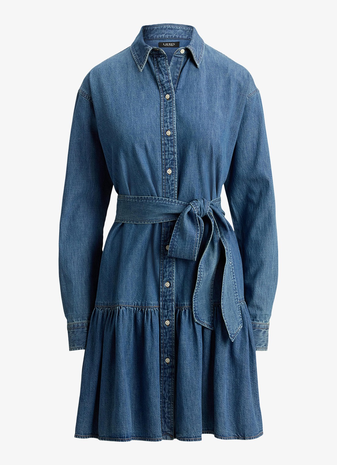 Ralph Lauren Midi blousejurk van chambray met strikceintuur - voorkant 4 galvin wash / blauw