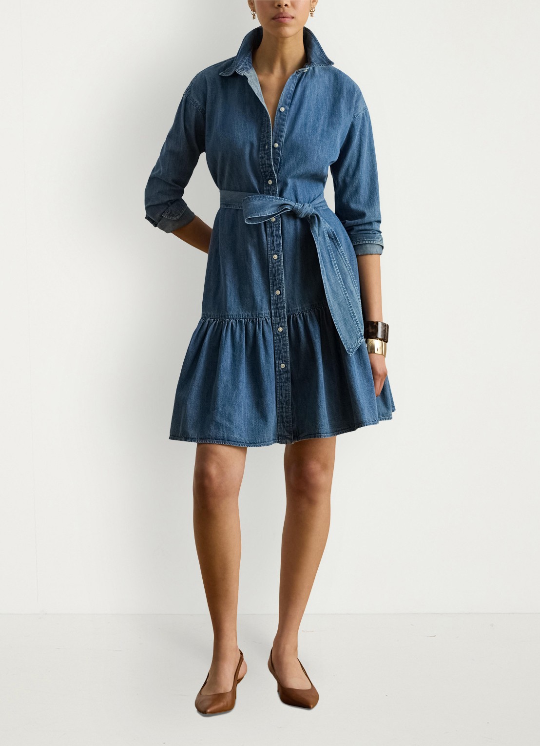 Ralph Lauren Midi blousejurk van chambray met strikceintuur - voorkant 5 galvin wash / blauw