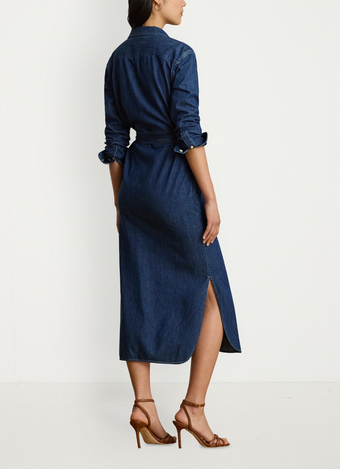Ralph Lauren Midi blousejurk van denim met strikceintuur - achterkant 5 harvest wash / blauw