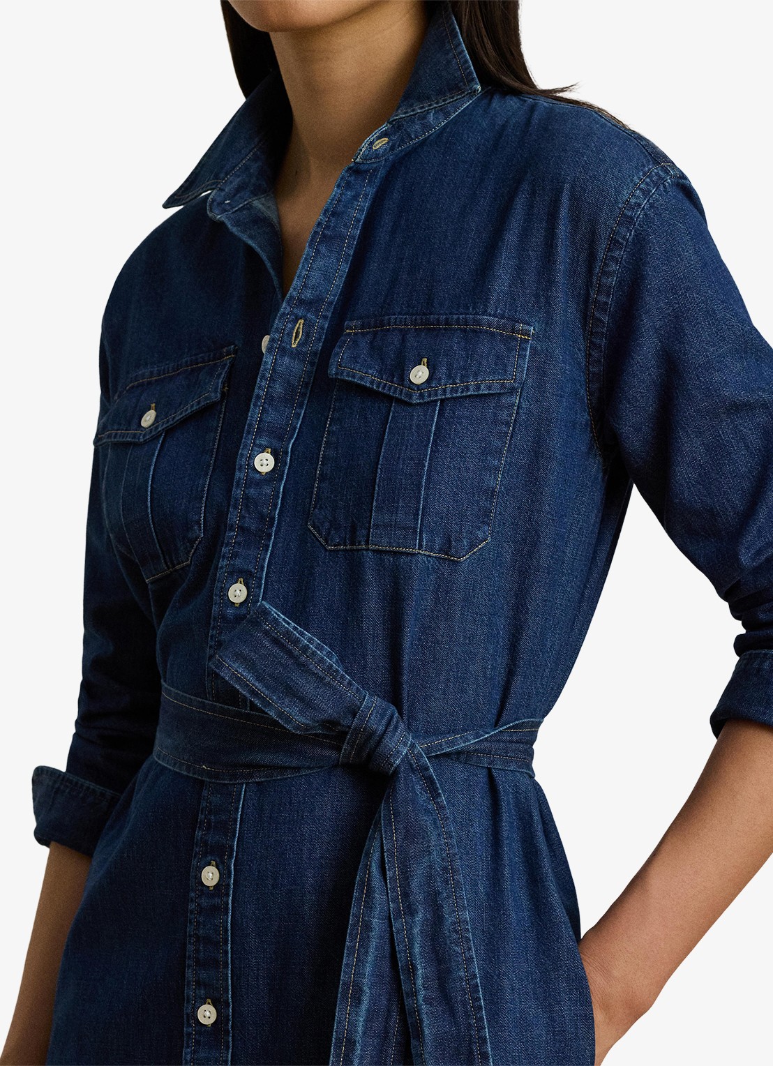 Ralph Lauren Midi blousejurk van denim met strikceintuur - detail 3 harvest wash / blauw