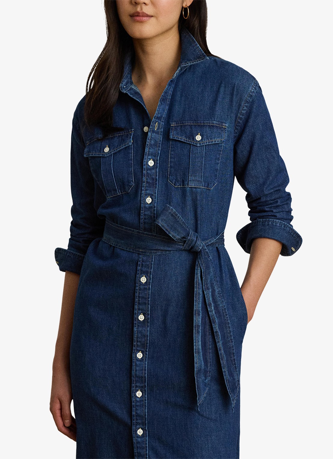 Ralph Lauren Midi blousejurk van denim met strikceintuur - detail 4 harvest wash / blauw