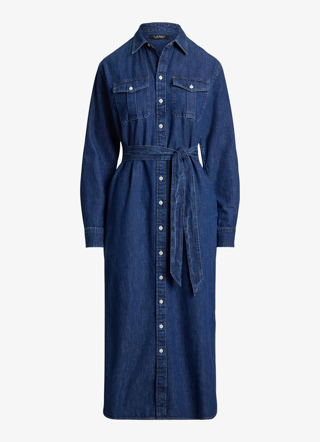 Ralph Lauren Midi blousejurk van denim met strikceintuur - voorkant harvest wash / blauw