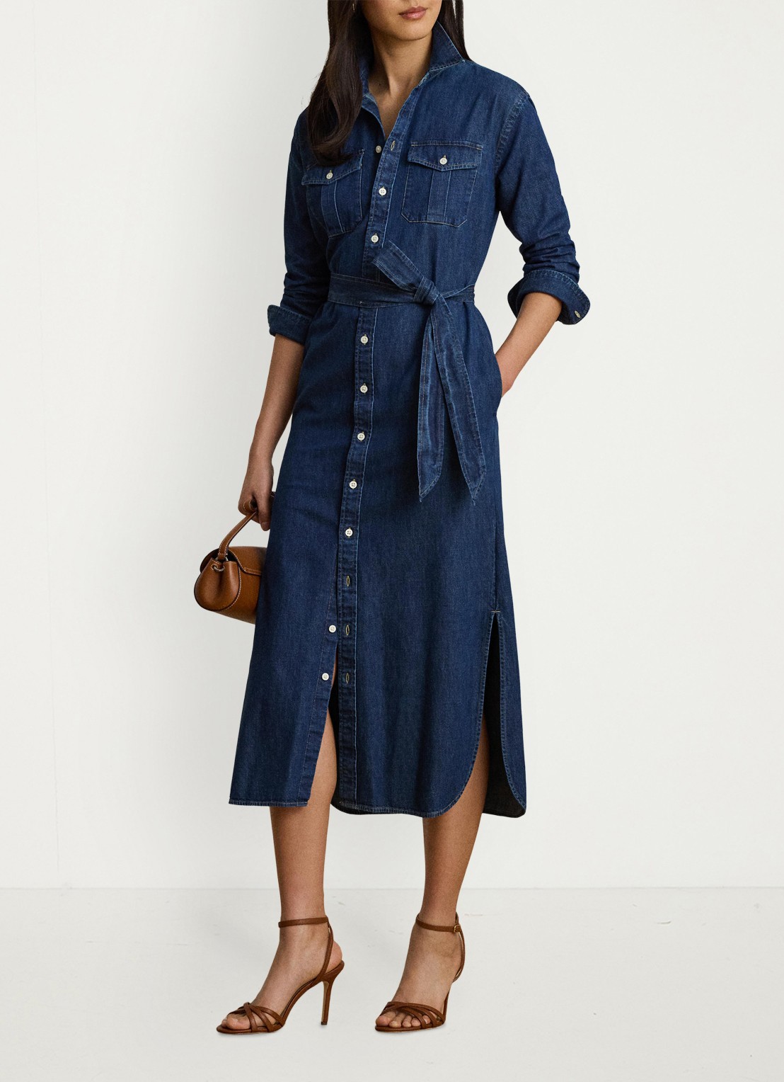 Ralph Lauren Midi blousejurk van denim met strikceintuur - voorkant 2 harvest wash / blauw