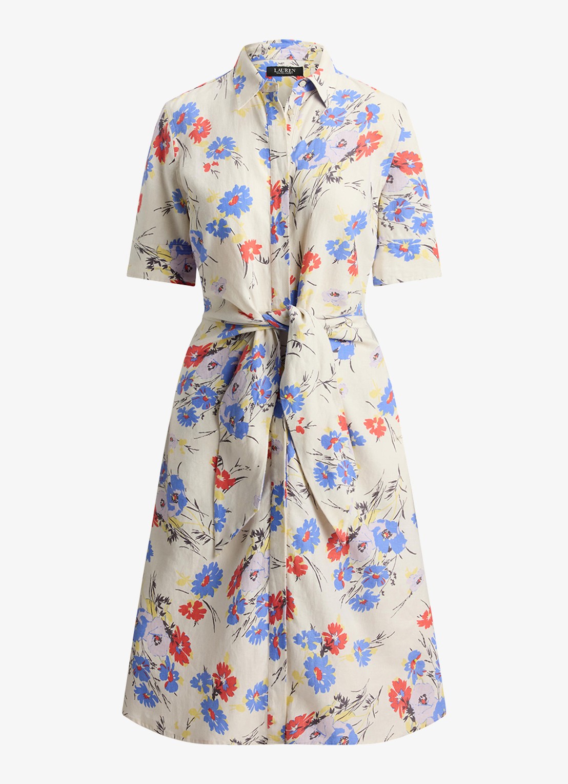 Ralph Lauren Midi blousejurk van linnen met bloemenprint - voorkant cream multi / creme