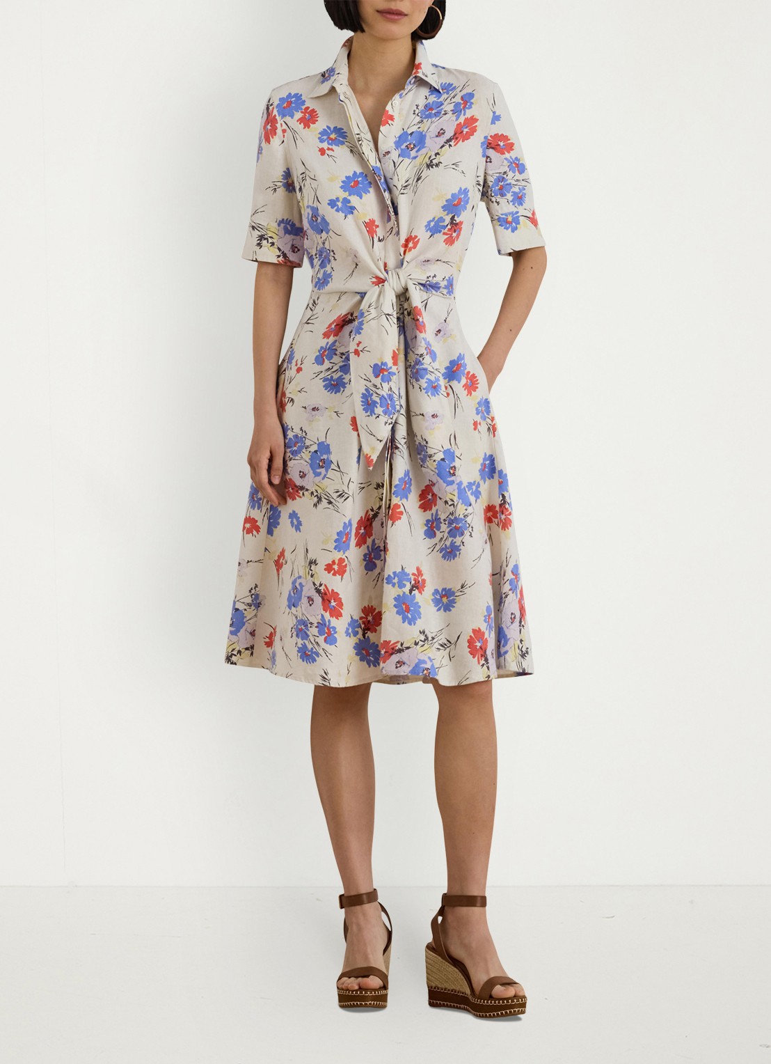 Ralph Lauren Midi blousejurk van linnen met bloemenprint - voorkant 2 cream multi / creme