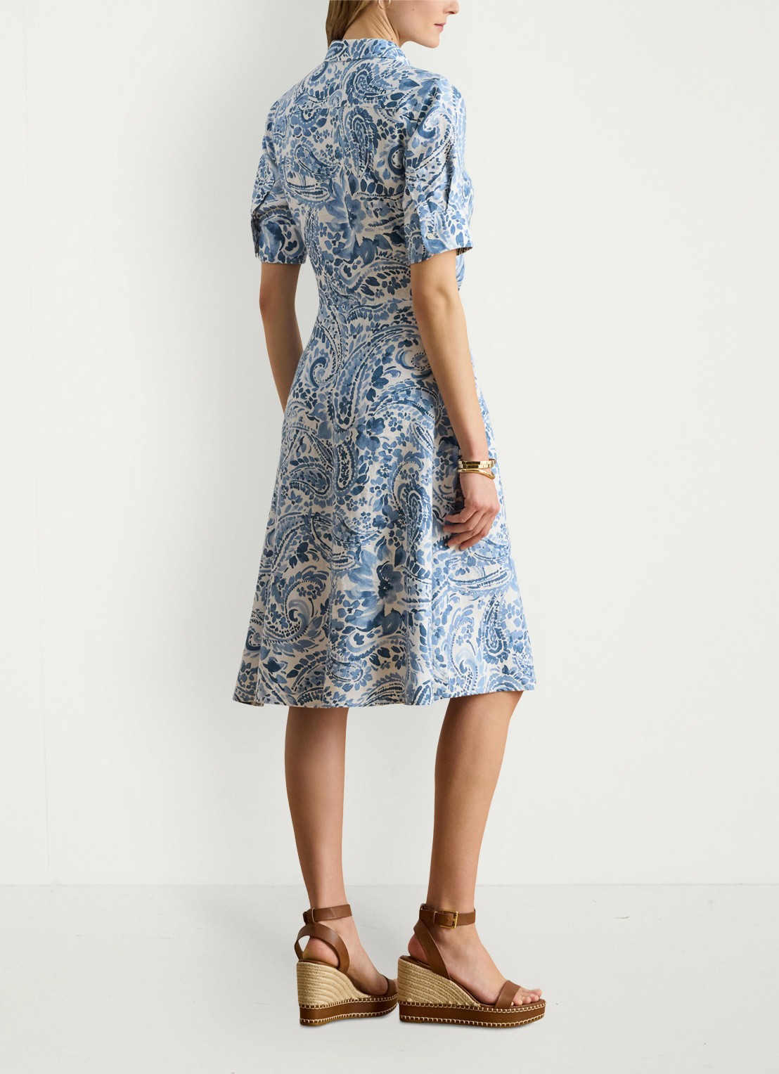 Ralph Lauren Midi blousejurk van linnen met paisley dessin en geknoopt detail - achterkant 5 white/blue / blauw