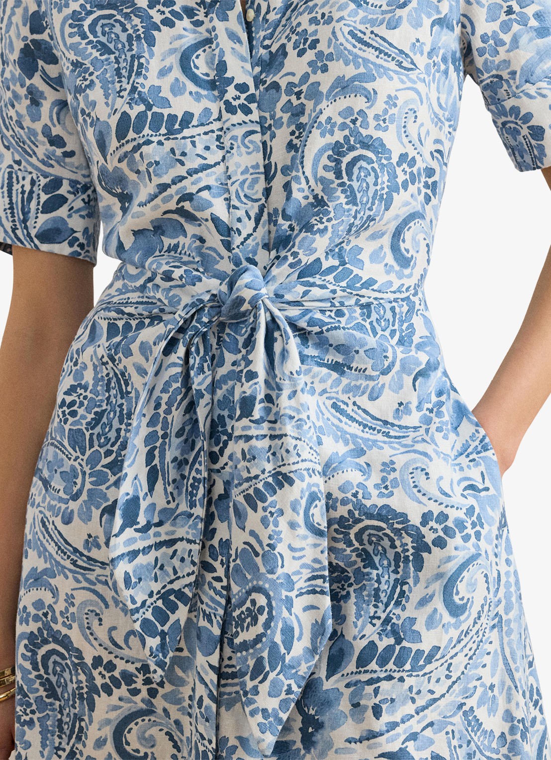 Ralph Lauren Midi blousejurk van linnen met paisley dessin en geknoopt detail - detail 3 white/blue / blauw