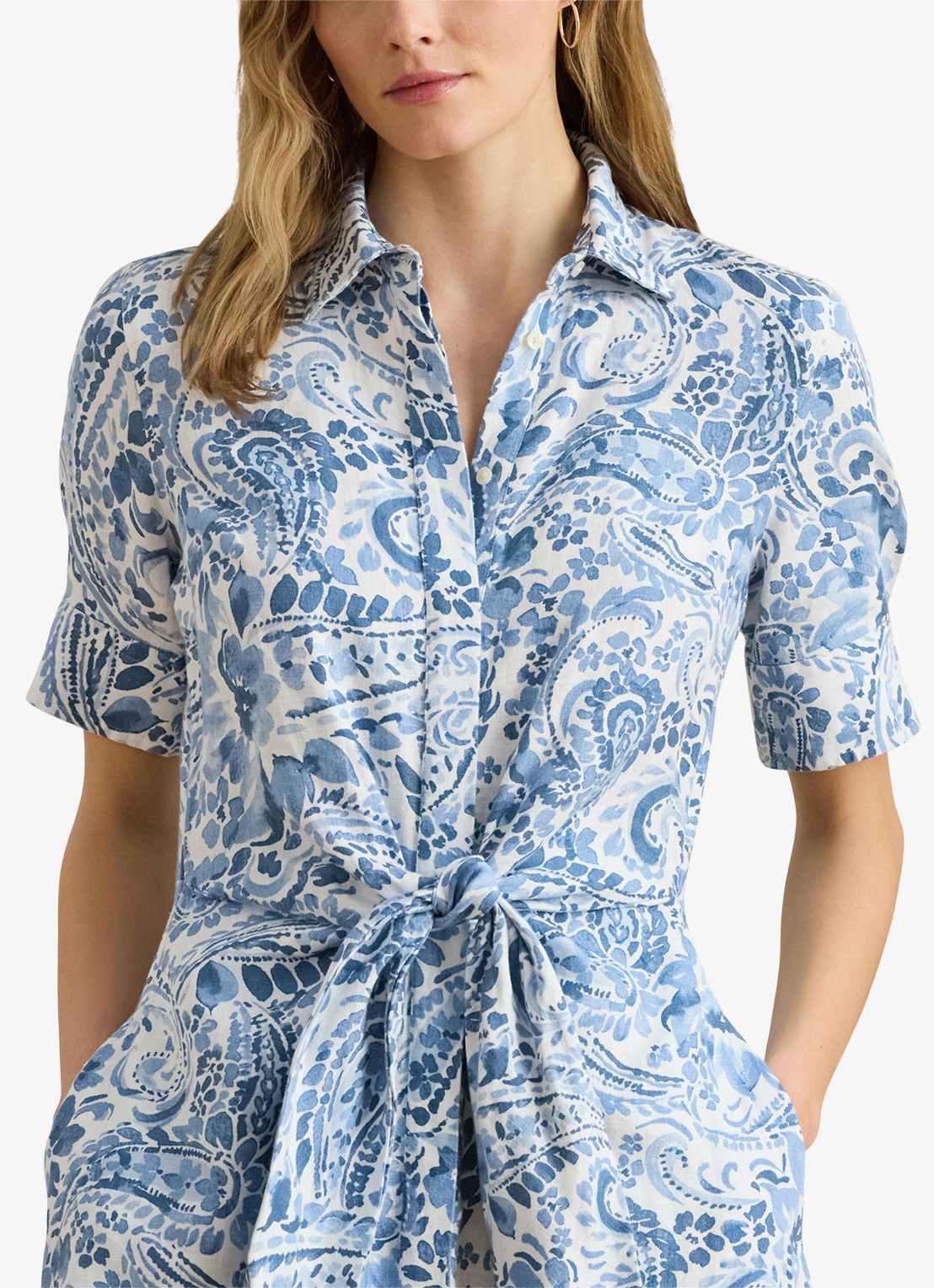 Ralph Lauren Midi blousejurk van linnen met paisley dessin en geknoopt detail - detail 4 white/blue / blauw