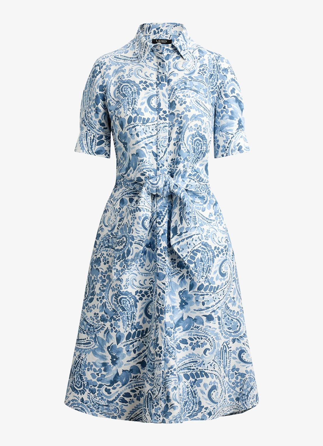 Ralph Lauren Midi blousejurk van linnen met paisley dessin en geknoopt detail - voorkant white/blue / blauw