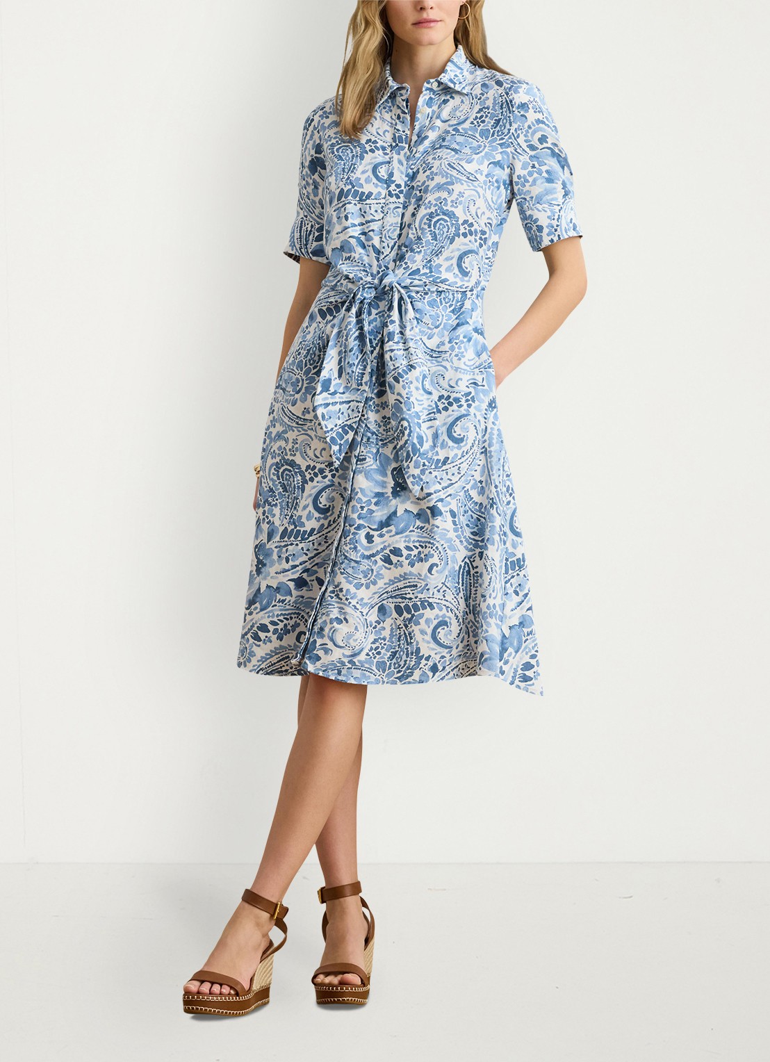 Ralph Lauren Midi blousejurk van linnen met paisley dessin en geknoopt detail - voorkant 2 white/blue / blauw