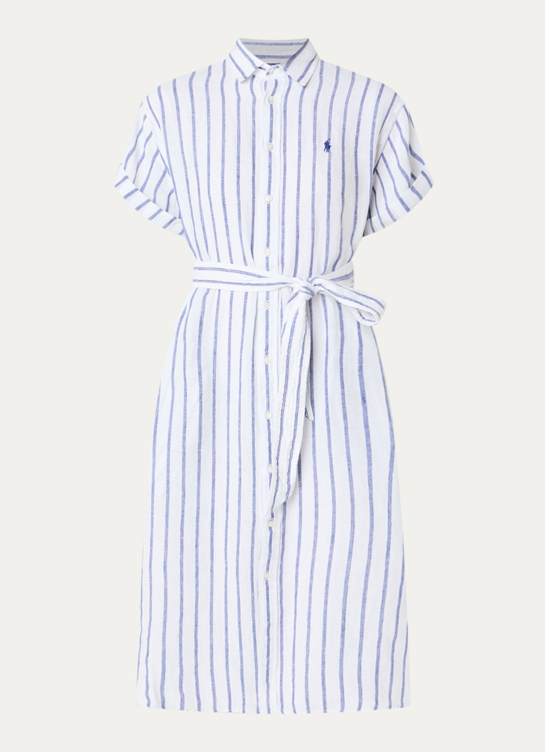 Ralph Lauren Midi blousejurk van linnen met strikceintuur - voorkant 3 gebroken wit