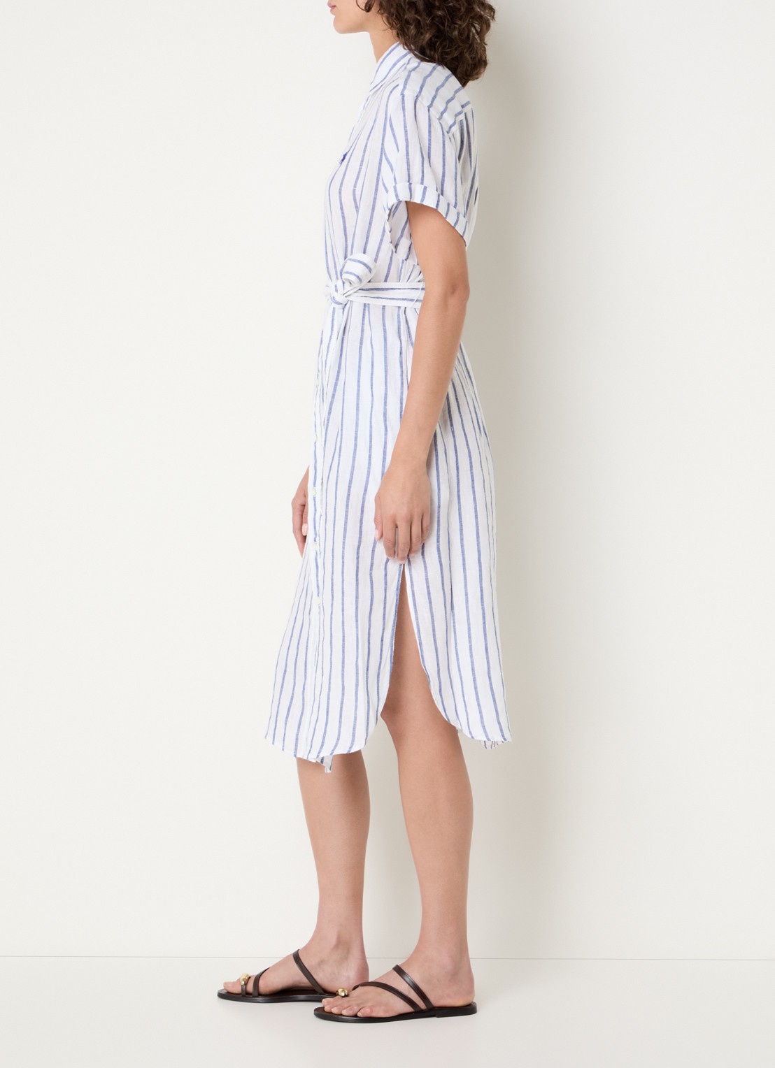 Ralph Lauren Midi blousejurk van linnen met strikceintuur - voorkant 4 gebroken wit