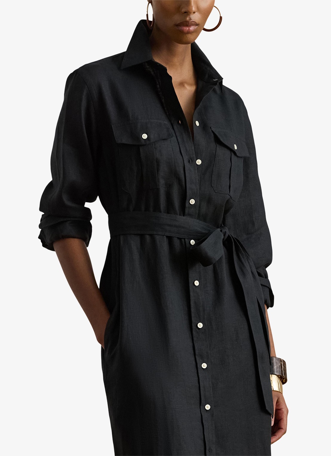 Ralph Lauren Midi blousejurk van linnen met strikceintuur - detail black / zwart
