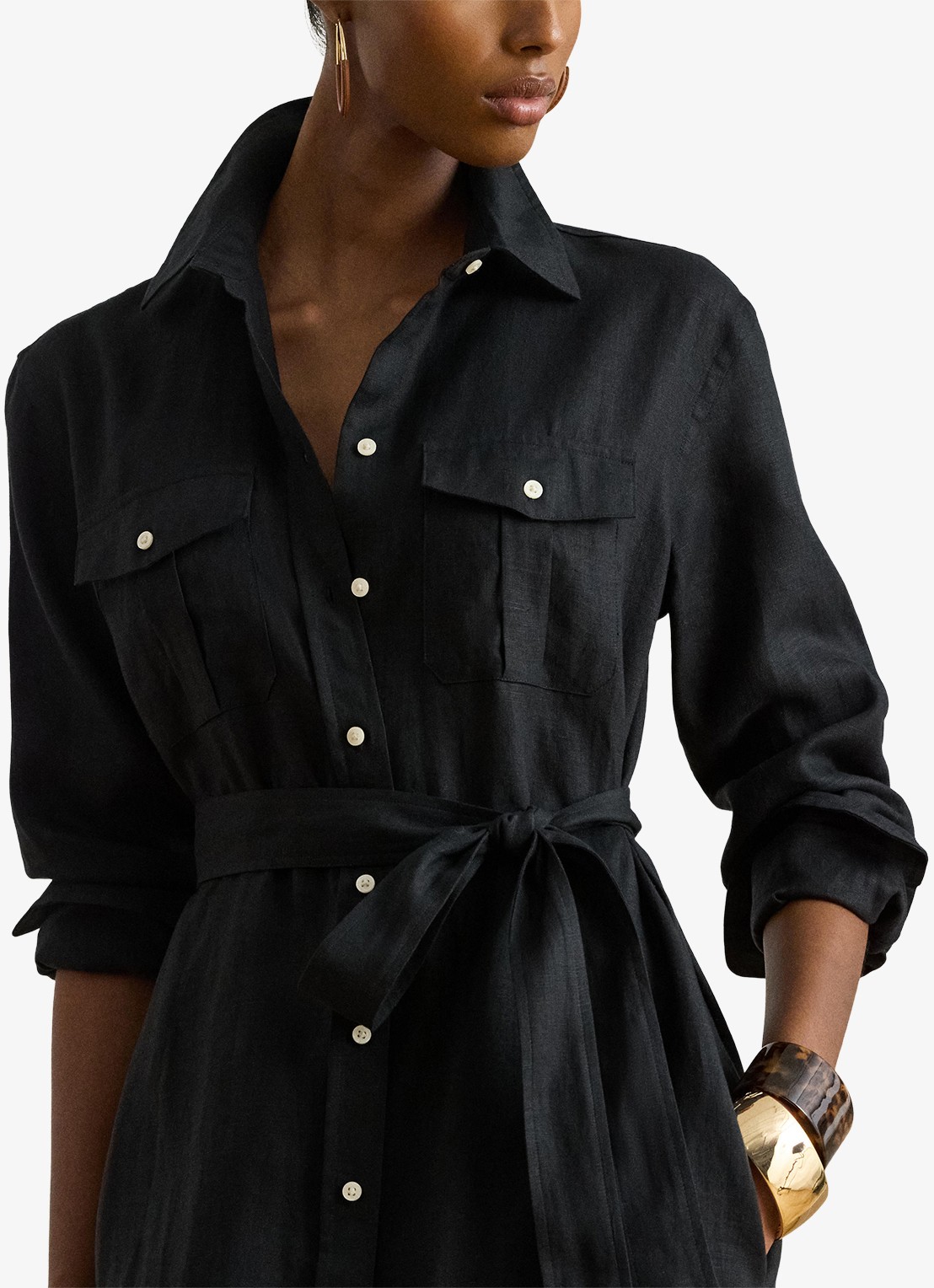 Ralph Lauren Midi blousejurk van linnen met strikceintuur - detail 2 black / zwart