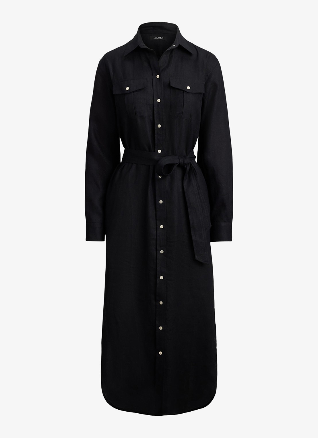 Ralph Lauren Midi blousejurk van linnen met strikceintuur - voorkant 3 black / zwart
