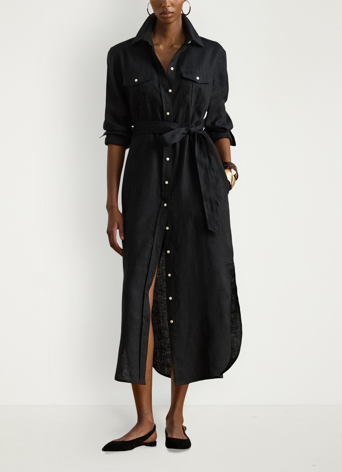 Ralph Lauren Midi blousejurk van linnen met strikceintuur - voorkant 4 black / zwart