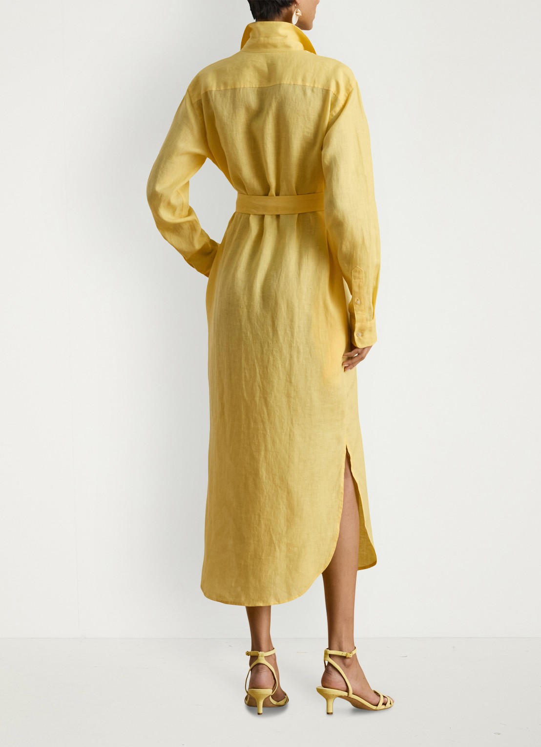 Ralph Lauren Midi blousejurk van linnen met strikceintuur - achterkant lemon sorbet / geel