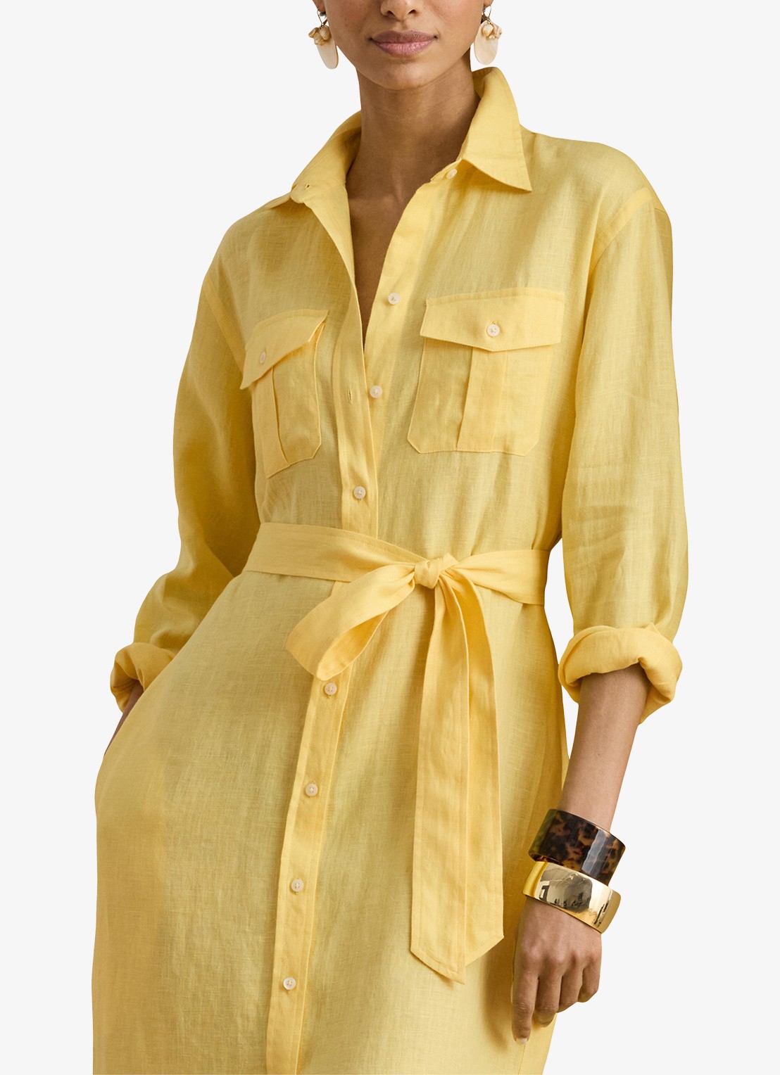 Ralph Lauren Midi blousejurk van linnen met strikceintuur - detail 3 lemon sorbet / geel
