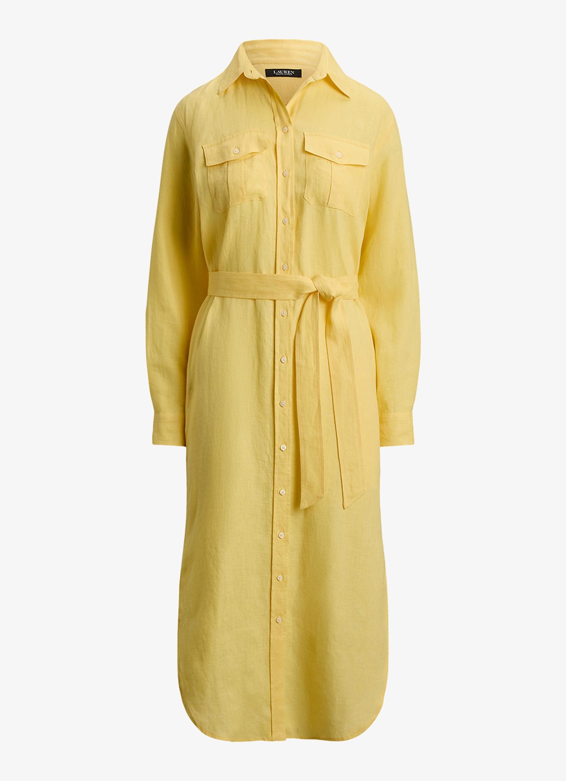 Ralph Lauren Midi blousejurk van linnen met strikceintuur - voorkant 4 lemon sorbet / geel