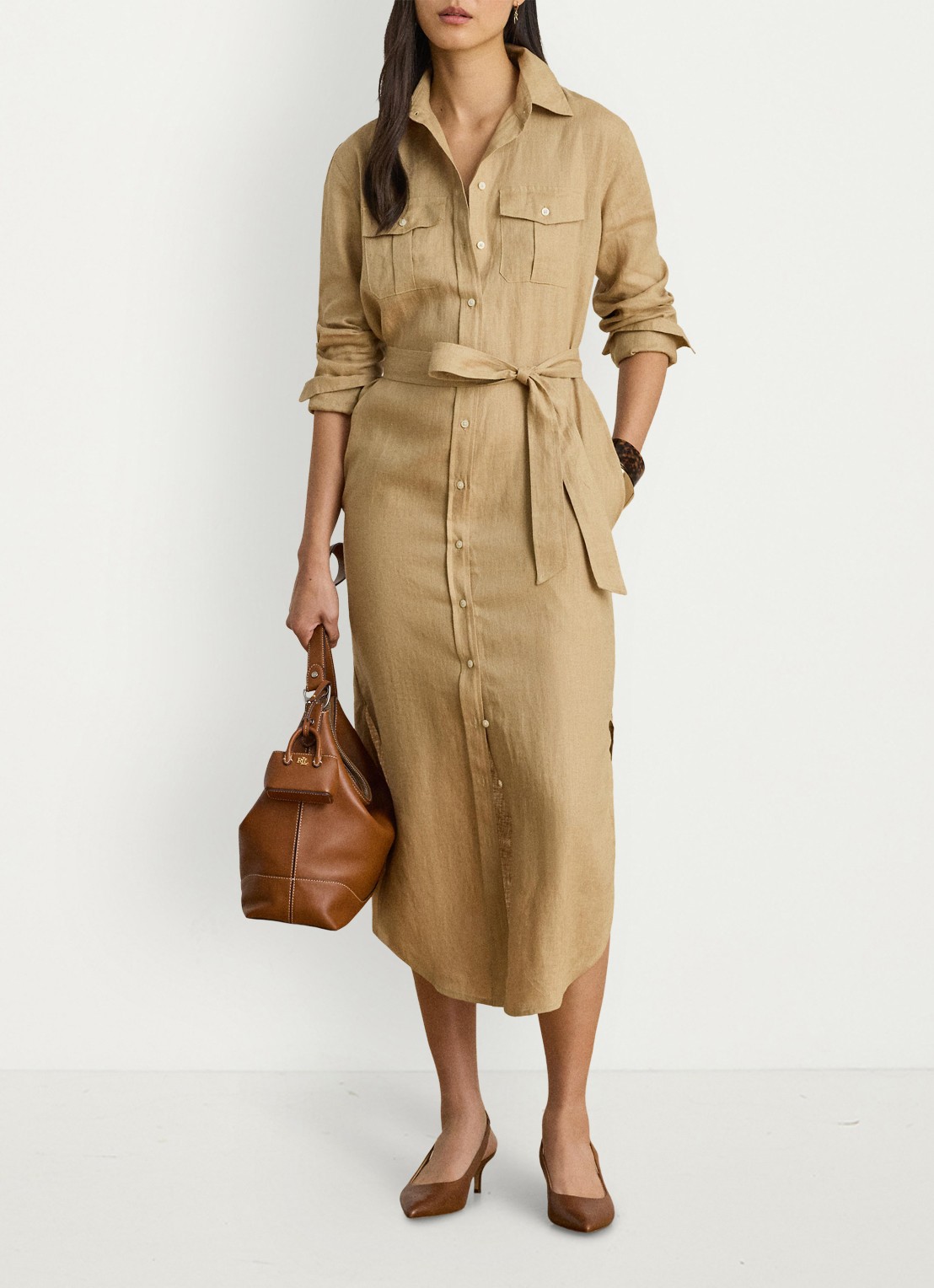 Ralph Lauren Midi blousejurk van linnen met strikceintuur - detail 3 birch tan / beige