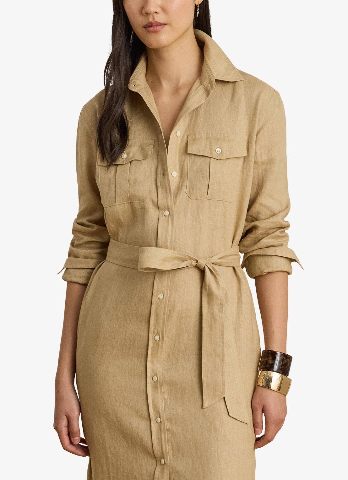 Ralph Lauren Midi blousejurk van linnen met strikceintuur - detail 5 birch tan / beige