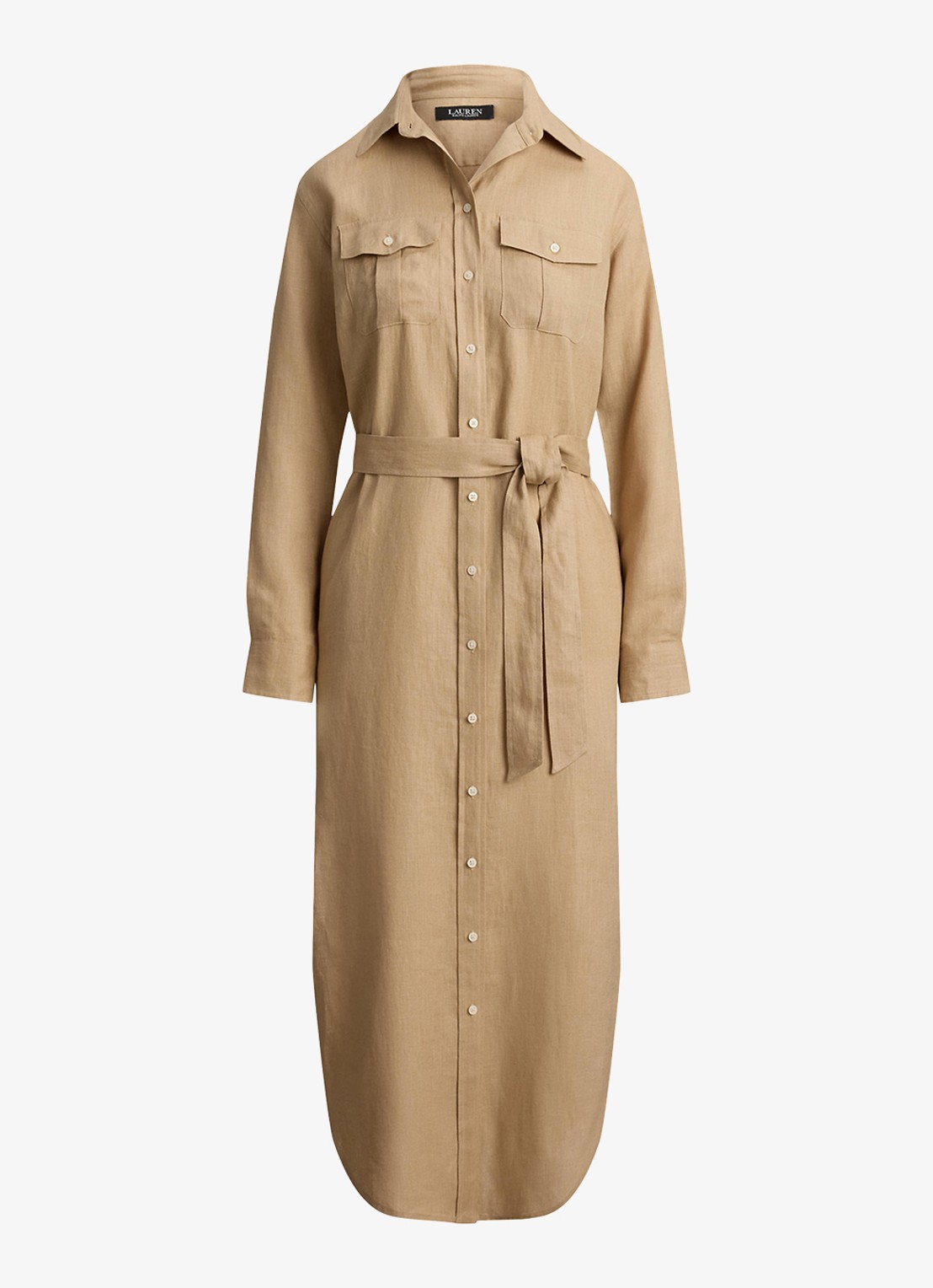 Ralph Lauren Midi blousejurk van linnen met strikceintuur - voorkant 2 birch tan / beige