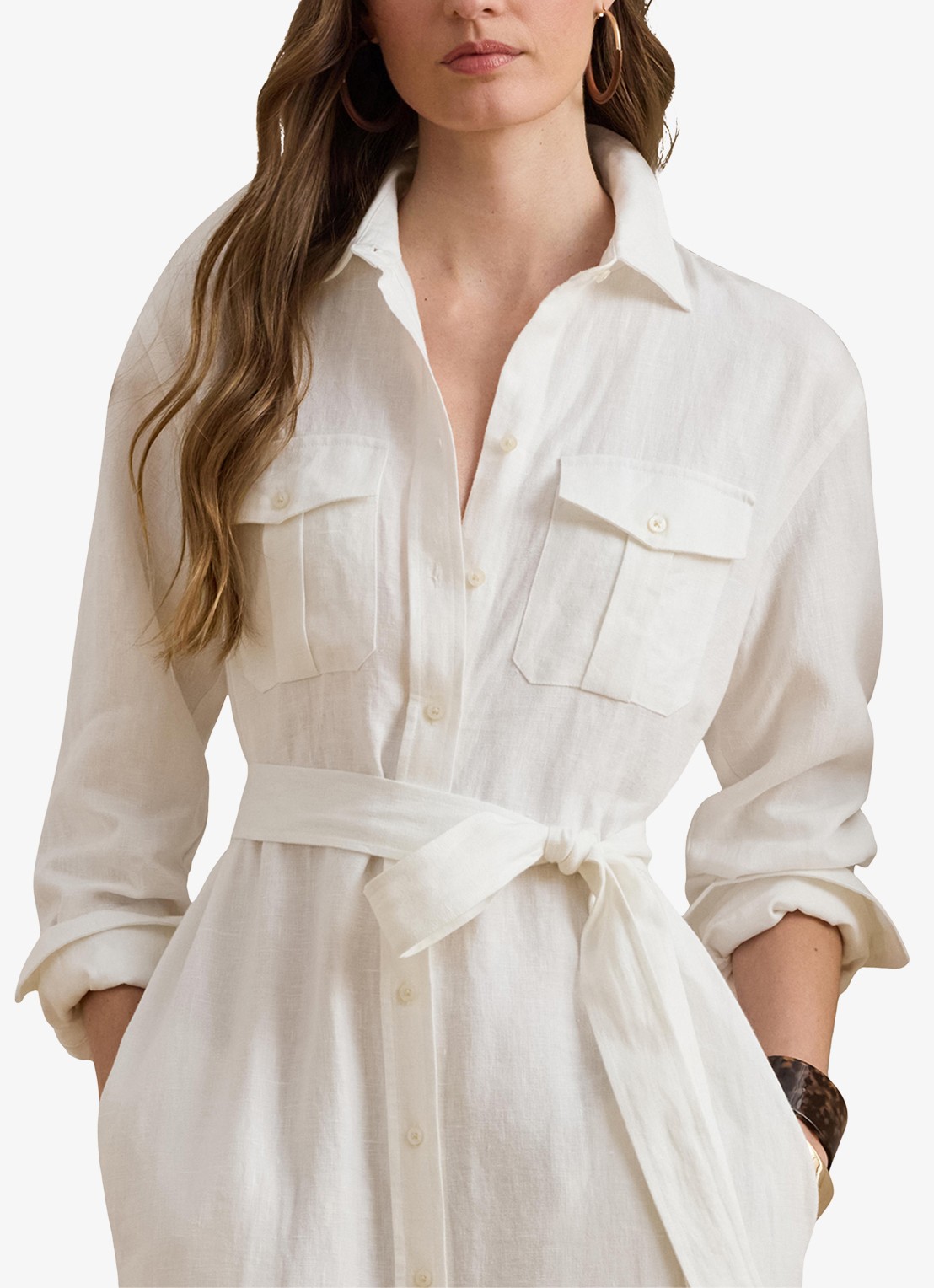 Ralph Lauren Midi blousejurk van linnen met strikceintuur - detail 2 wit