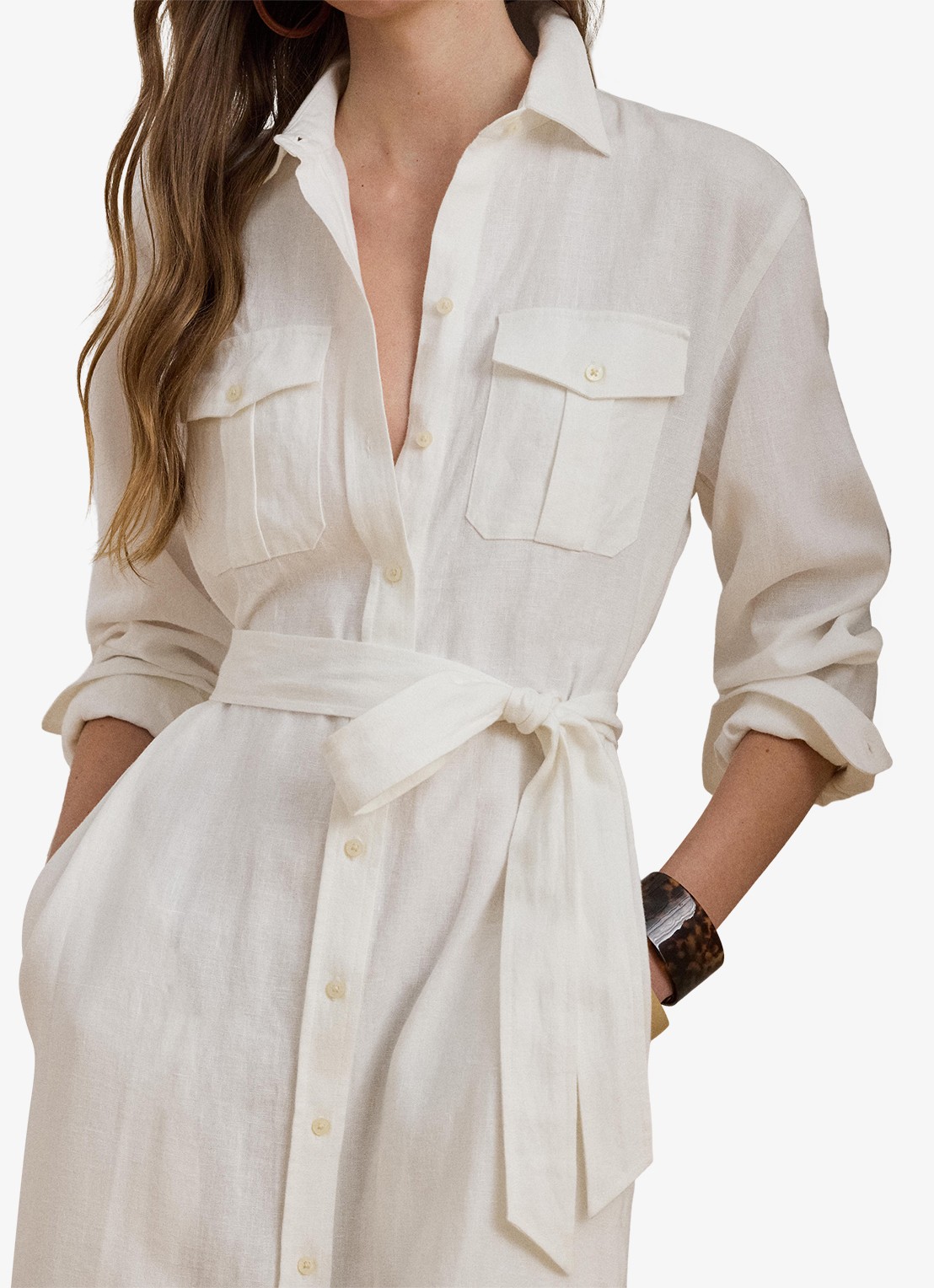 Ralph Lauren Midi blousejurk van linnen met strikceintuur - detail 3 wit