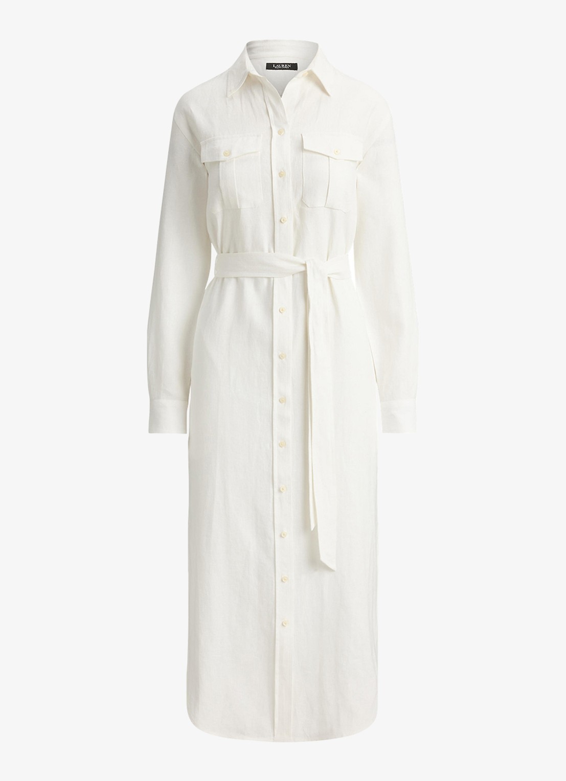 Ralph Lauren Midi blousejurk van linnen met strikceintuur - voorkant 4 wit