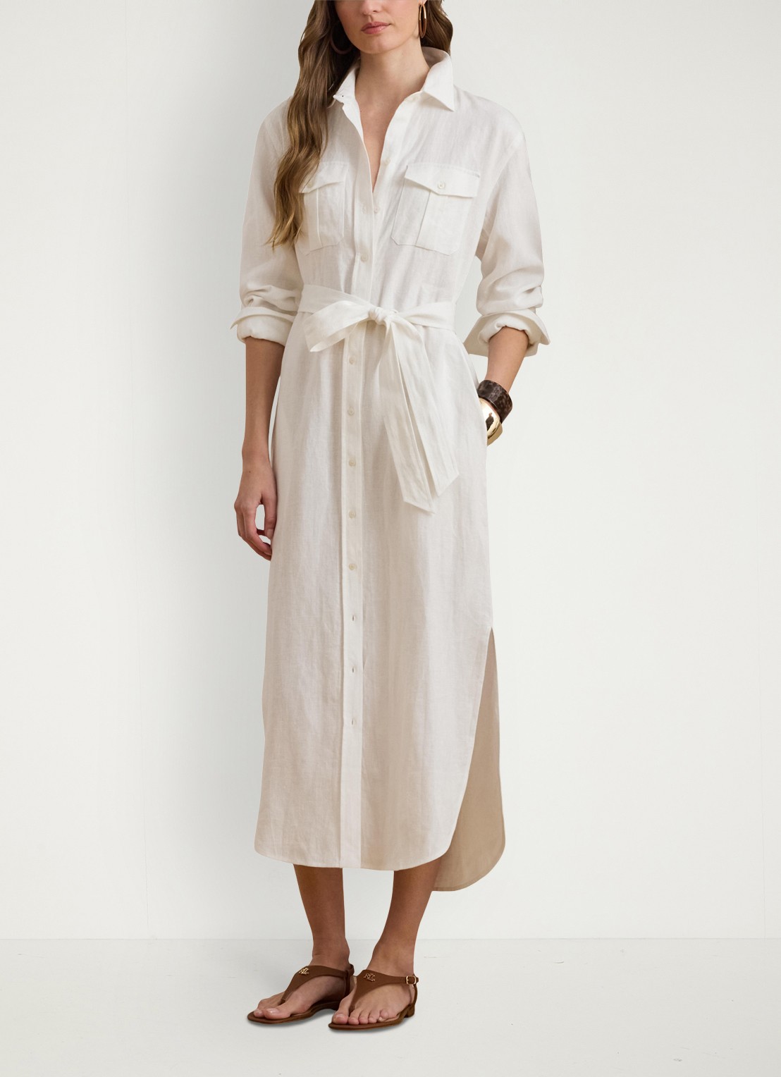 Ralph Lauren Midi blousejurk van linnen met strikceintuur - voorkant 5 wit