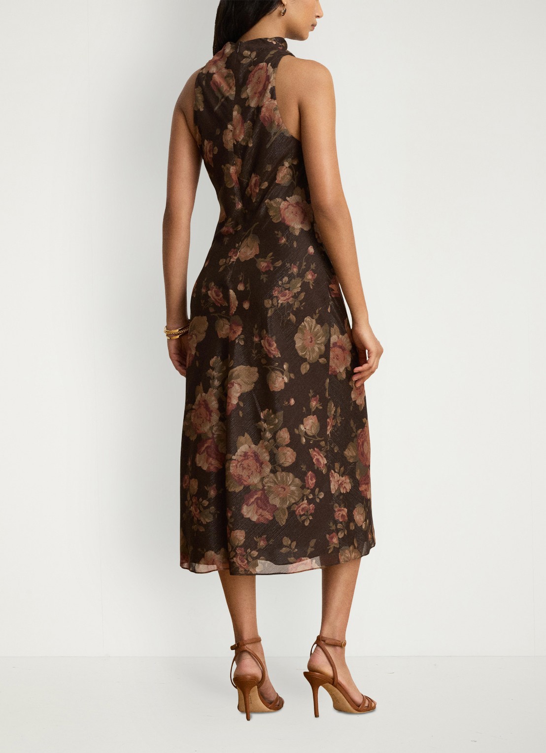 Ralph Lauren Midi halterjurk met bloemenprint - achterkant brown multi / bruin