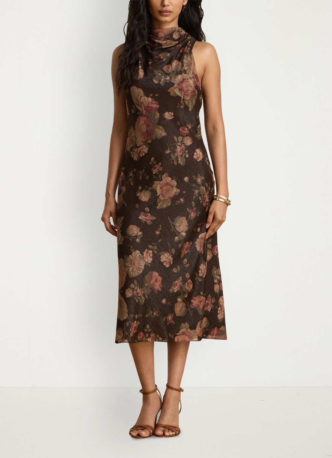 Ralph Lauren Midi halterjurk met bloemenprint - voorkant 3 brown multi / bruin