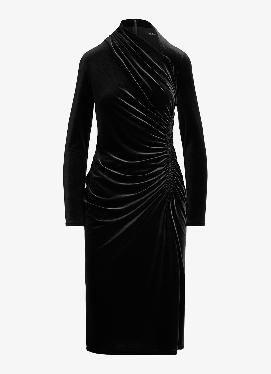 Ralph Lauren Midi jurk met asymmetrische hals en ruches - voorkant 2 black velvet / zwart