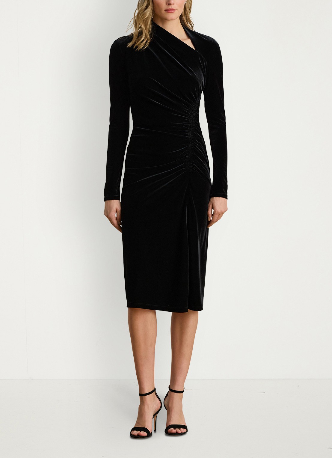 Ralph Lauren Midi jurk met asymmetrische hals en ruches - voorkant 3 black velvet / zwart